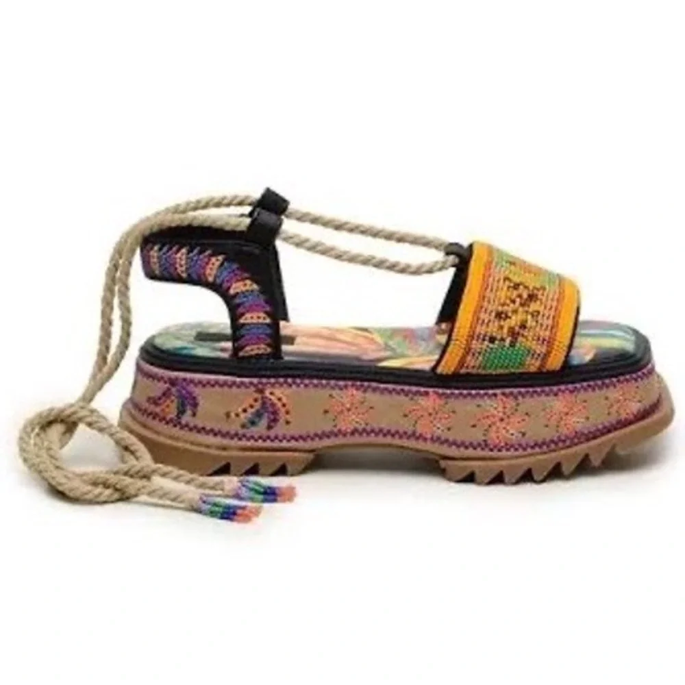 Farm Rio Beaded Banana Flatform Sandals Black Multi Tropical Rope Tie Womens 7